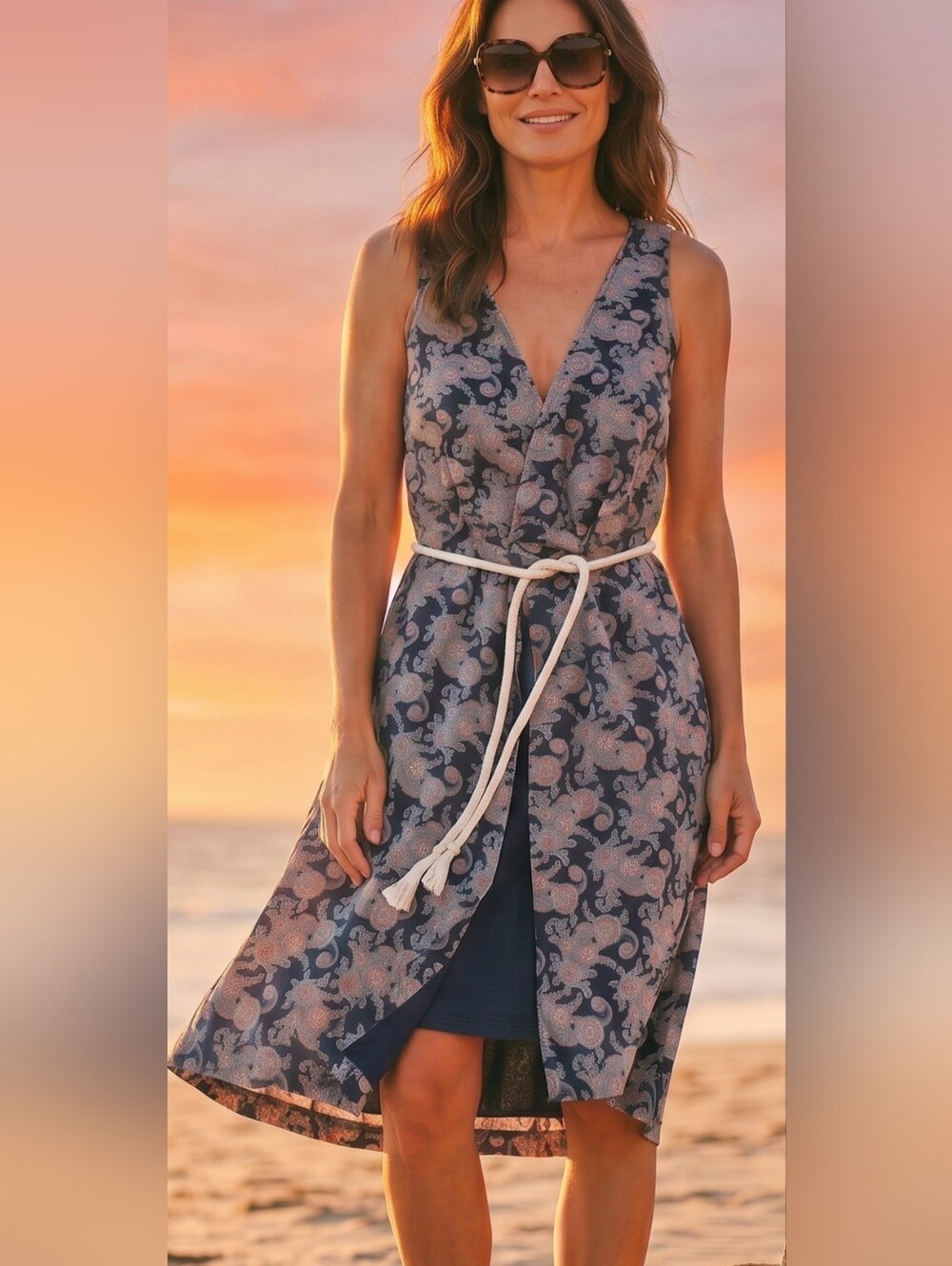 Tommy Hilfiger Navy Paisley Sleeveless Wrap Dress XS Rope Belt Summer 100 Cotton